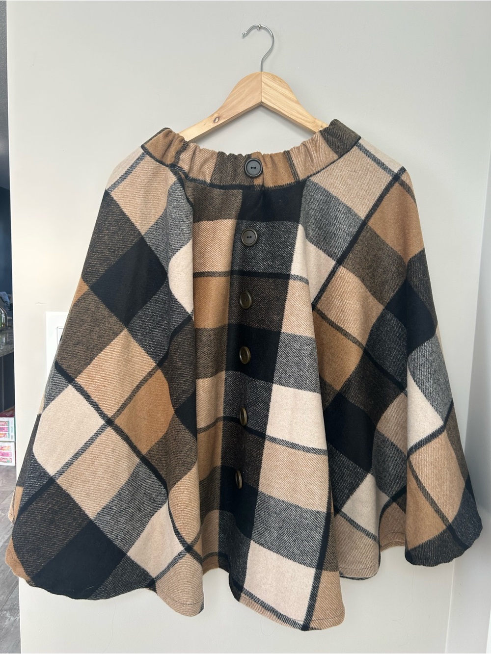 Plaid Button-Front Cape Coat in Camel and Black